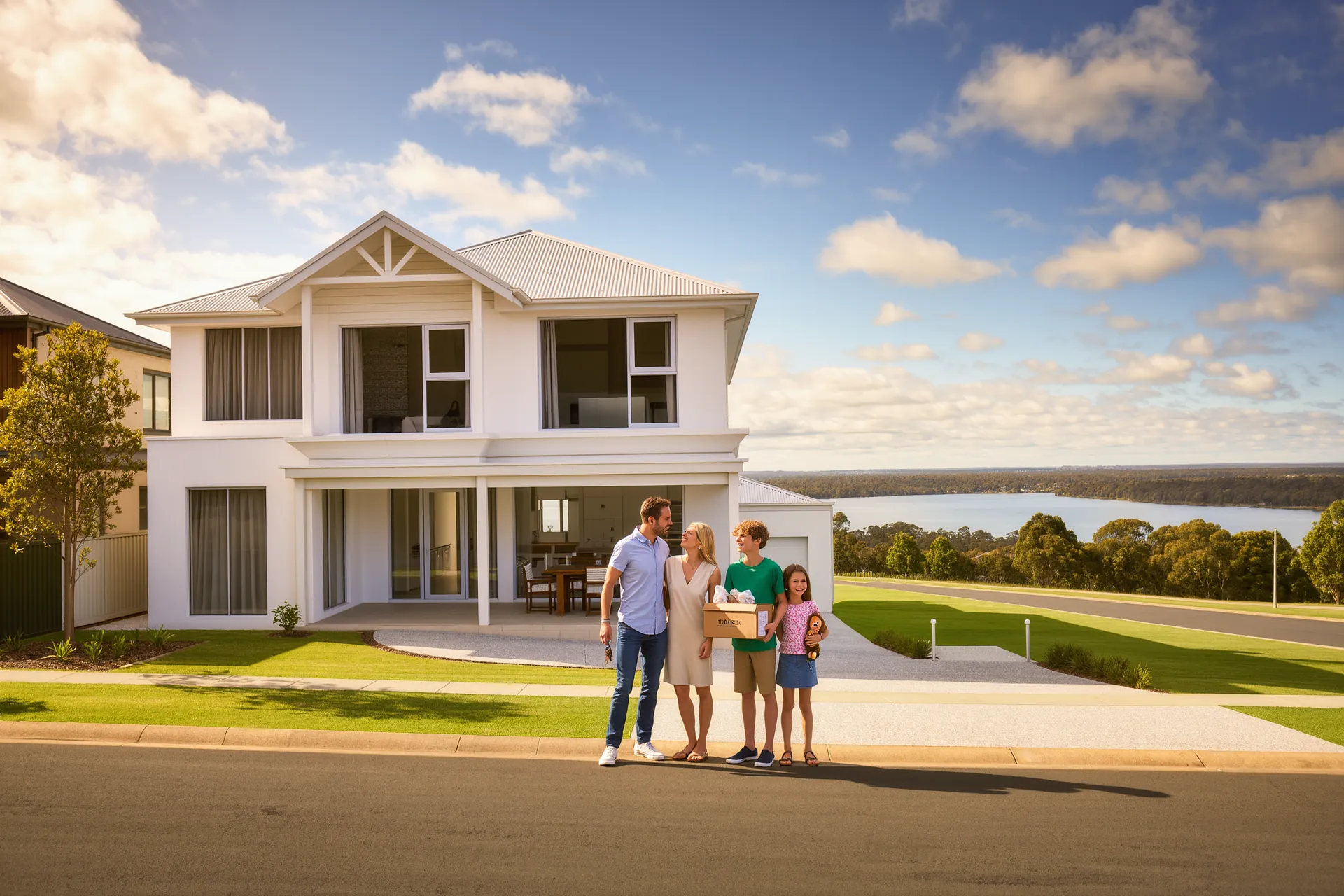 Family outside a new home in Berwick Waterways